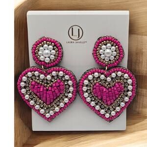Pink Beaded Heart Earrings Laura Janelle Rhinestone Pearl Coquette Romantic